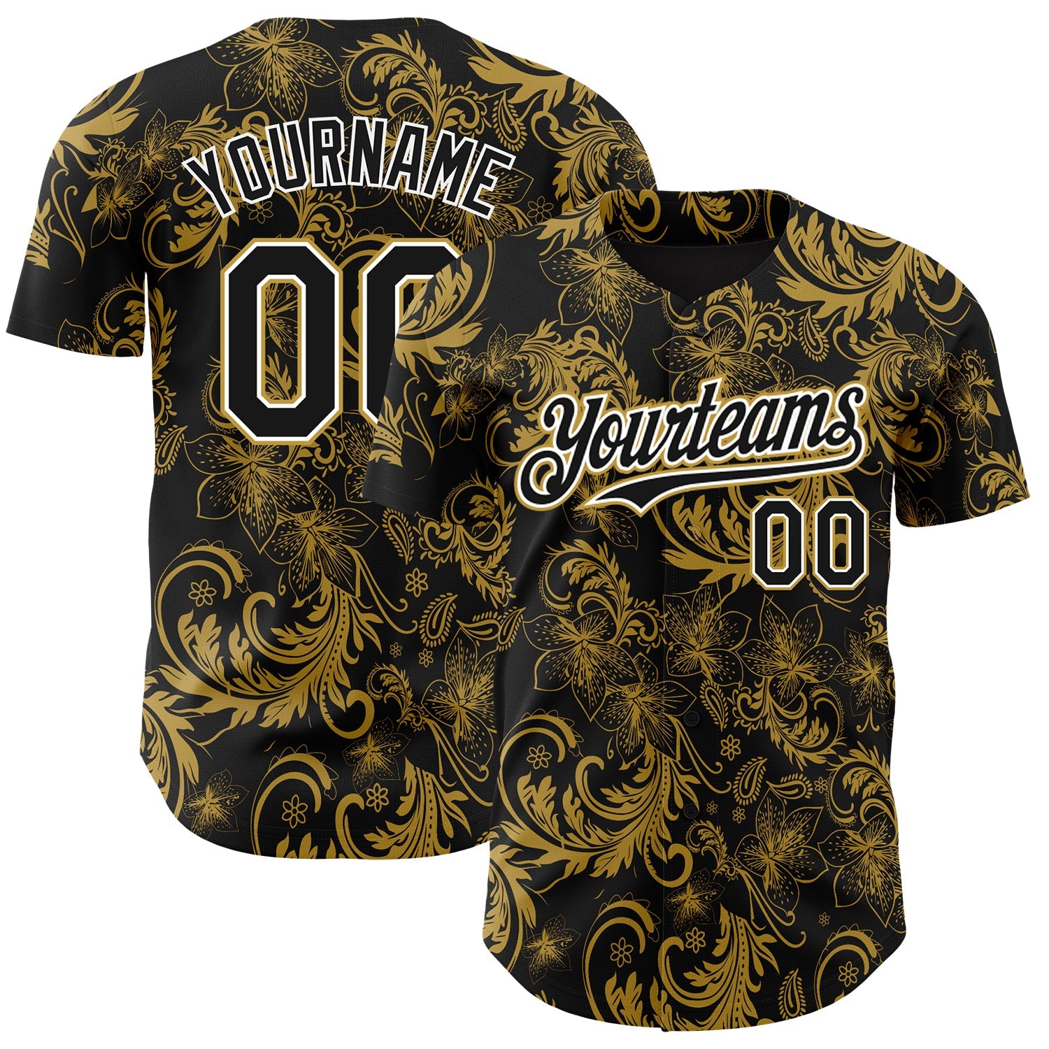 Custom Black Old Gold-White Flower Authentic Baseball Jersey - Main View