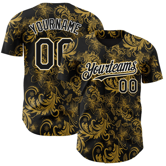Custom Black Old Gold-White Flower Authentic Baseball Jersey - Main View
