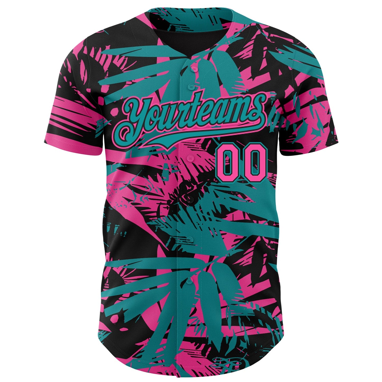 Custom Black Pink-Teal Hawaii Palm Leaves Authentic Baseball Jersey view 2