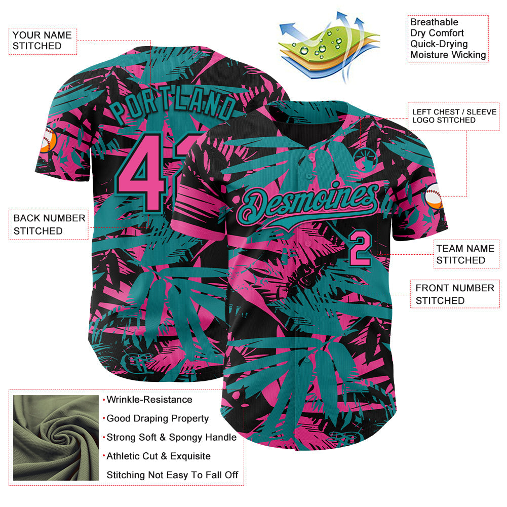 Custom Black Pink-Teal Hawaii Palm Leaves Authentic Baseball Jersey view 3