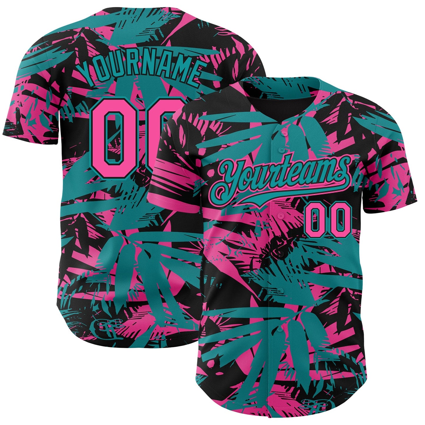 Custom Black Pink-Teal Hawaii Palm Leaves Authentic Baseball Jersey - Main View