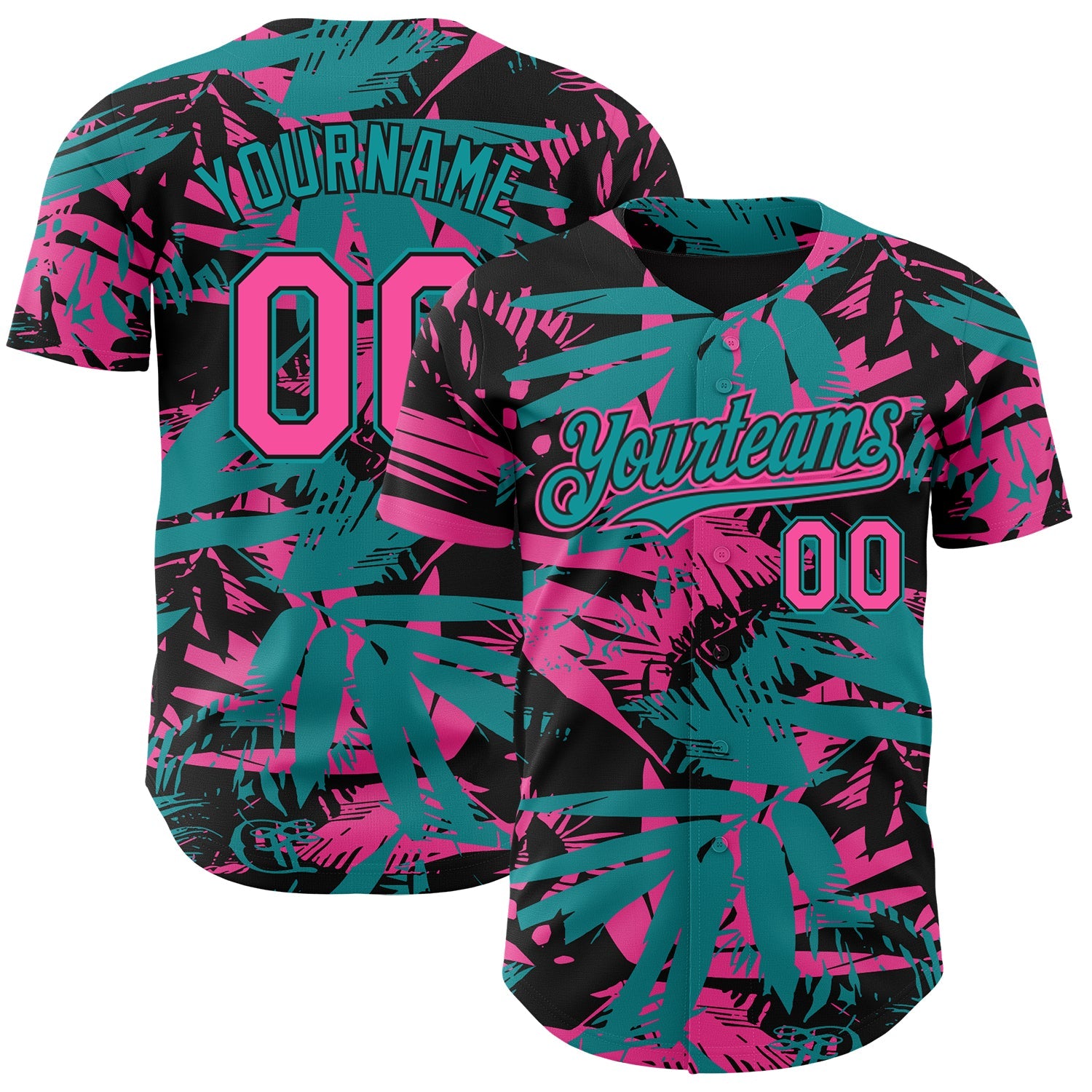 Custom Black Pink-Teal Hawaii Palm Leaves Authentic Baseball Jersey - Main View
