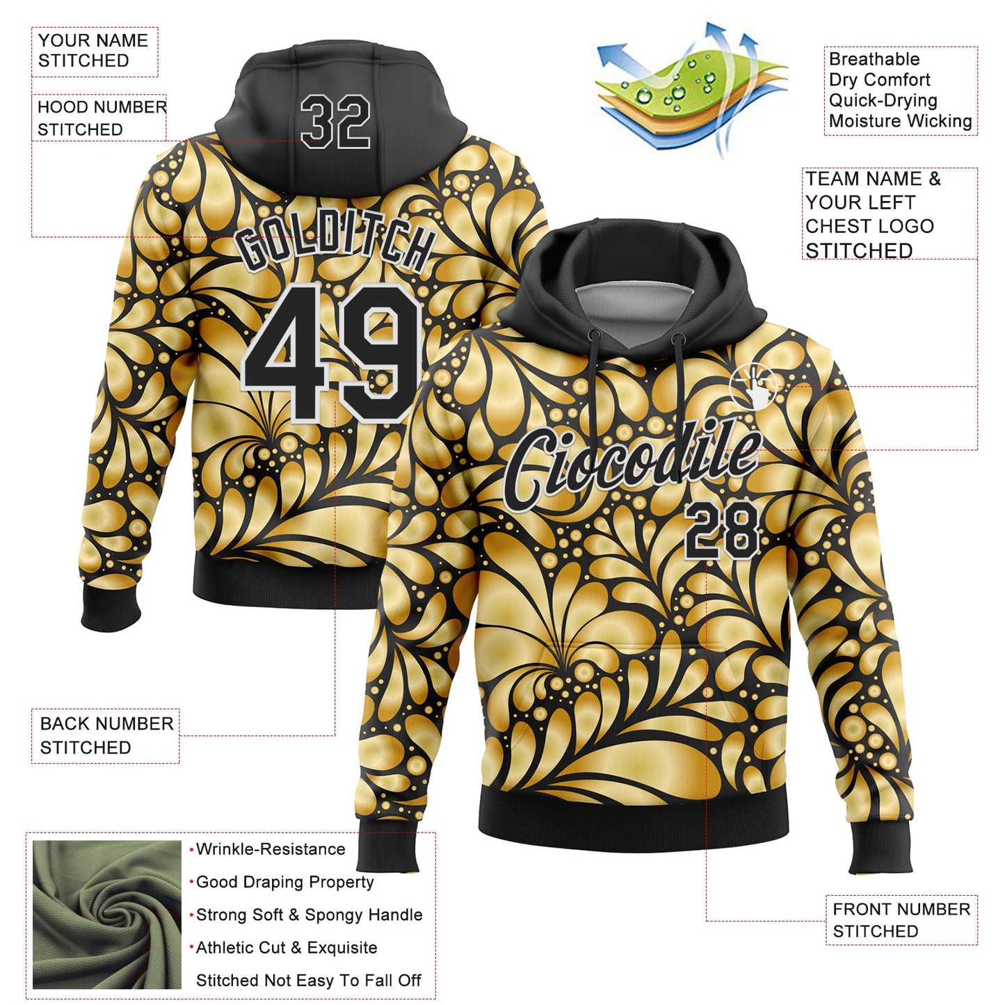 Custom Stitched Black White 3D Pattern Design Golden Subtle Floral Sports Pullover Sweatshirt Hoodie view 2