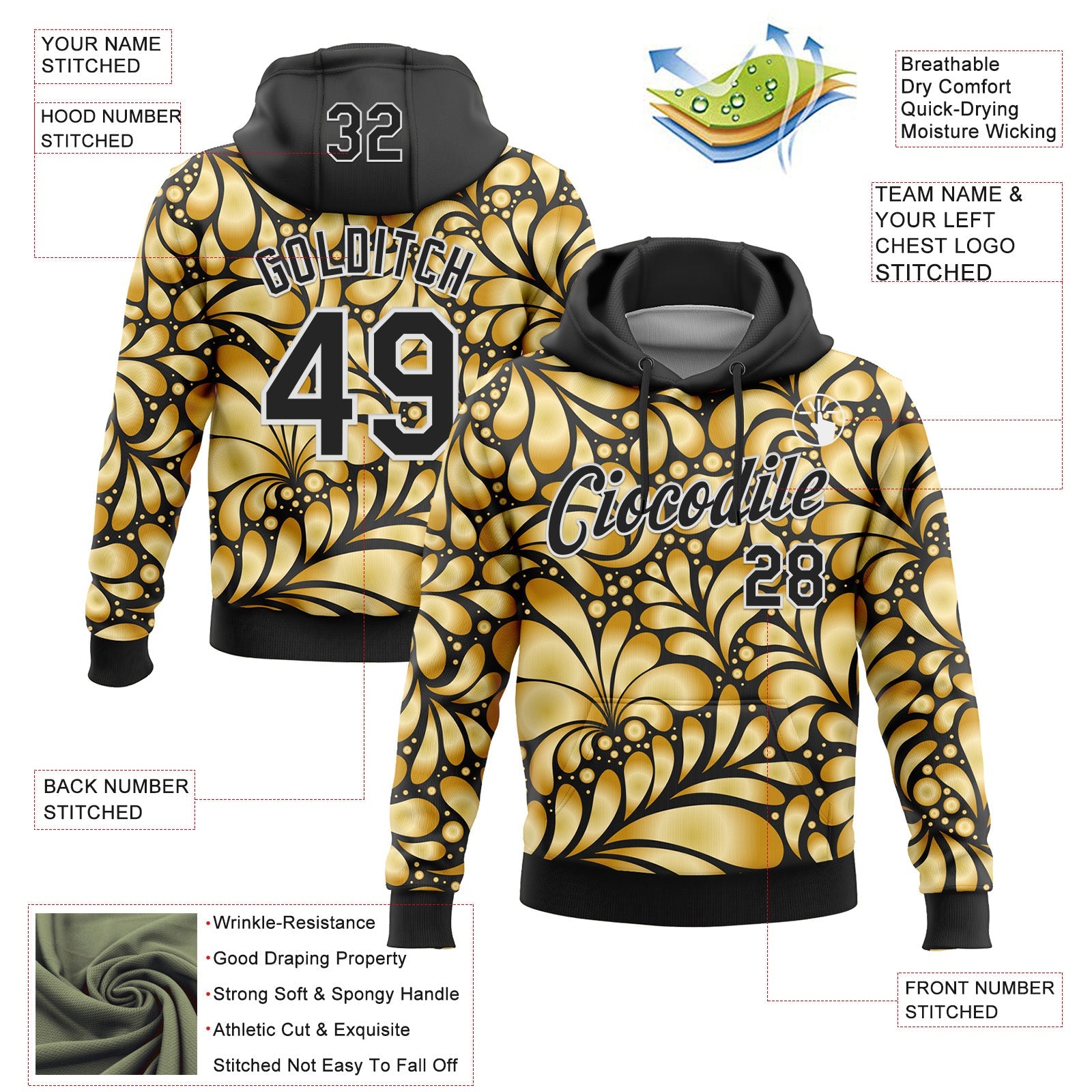 Custom Stitched Black White 3D Pattern Design Golden Subtle Floral Sports Pullover Sweatshirt Hoodie view 2