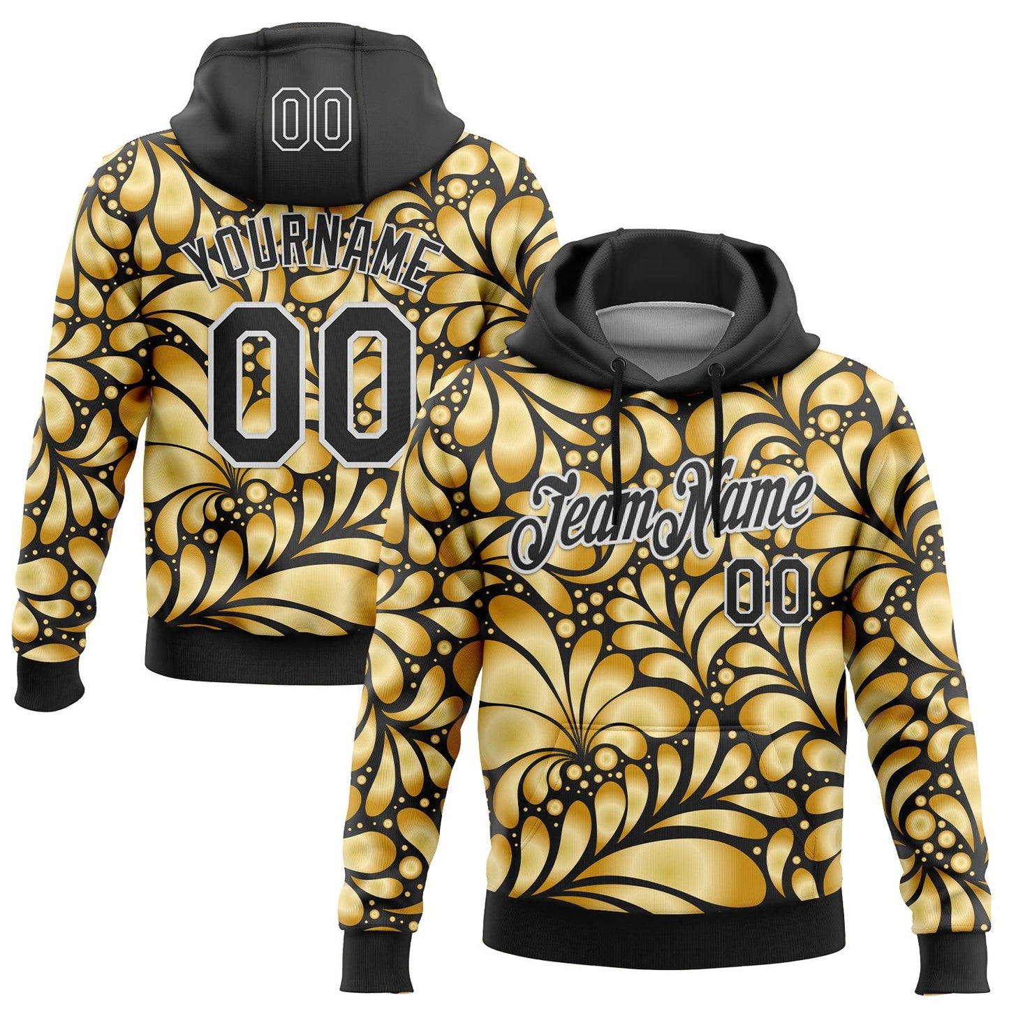 Custom Stitched Black White 3D Pattern Design Golden Subtle Floral Sports Pullover Sweatshirt Hoodie - Main View
