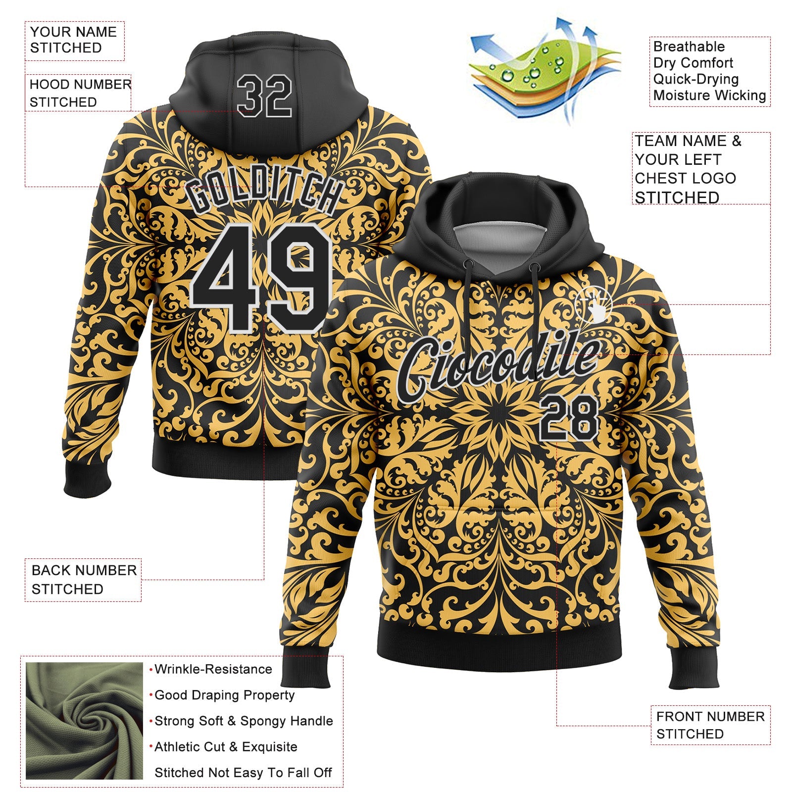 Custom Stitched Black White 3D Pattern Design Golden Subtle Floral Sports Pullover Sweatshirt Hoodie view 2