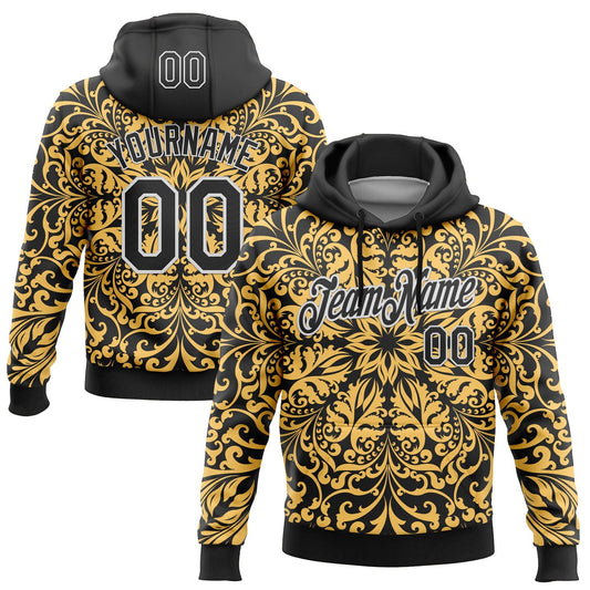 Custom Stitched Black White 3D Pattern Design Golden Subtle Floral Sports Pullover Sweatshirt Hoodie - Main View