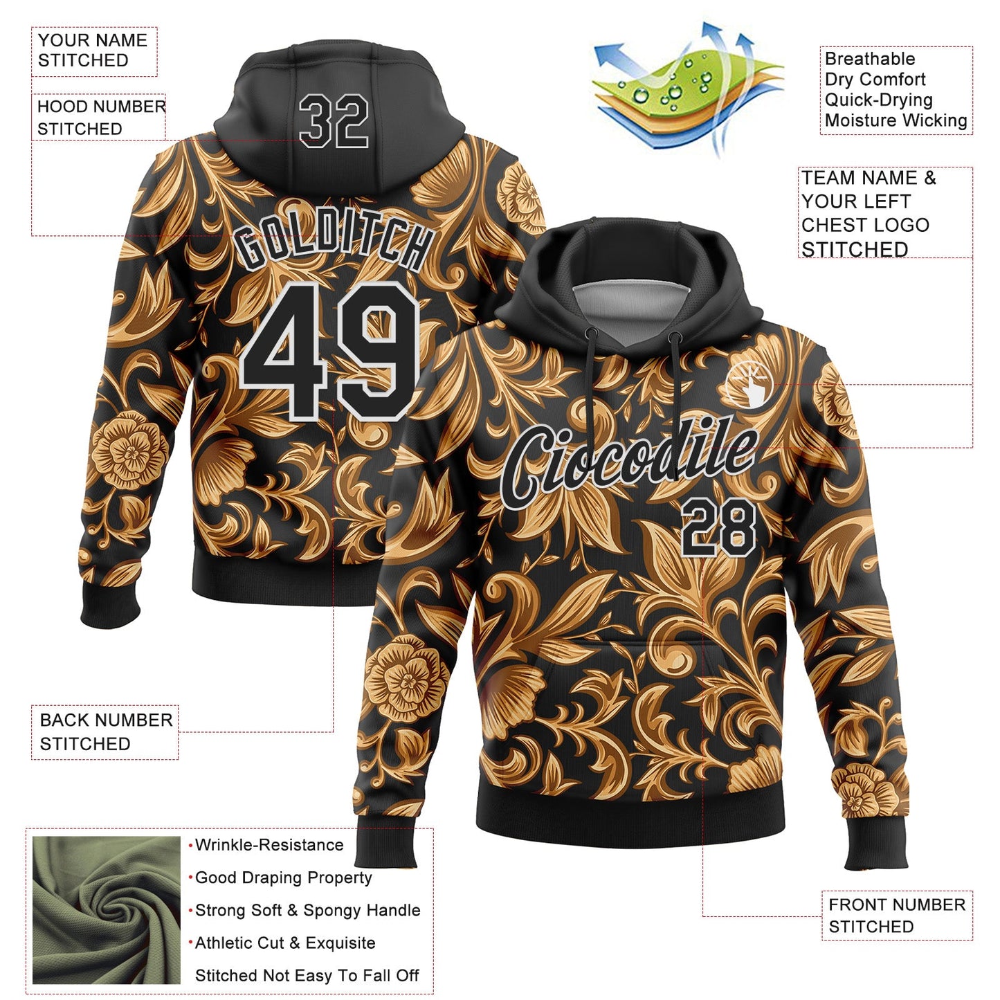 Custom Stitched Black White 3D Pattern Design Golden Subtle Floral Sports Pullover Sweatshirt Hoodie view 2