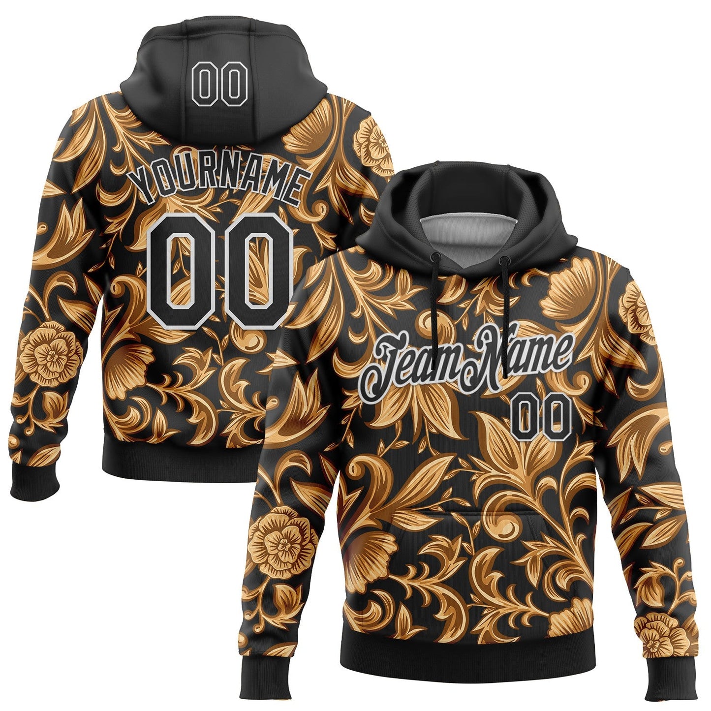 Custom Stitched Black White 3D Pattern Design Golden Subtle Floral Sports Pullover Sweatshirt Hoodie - Main View