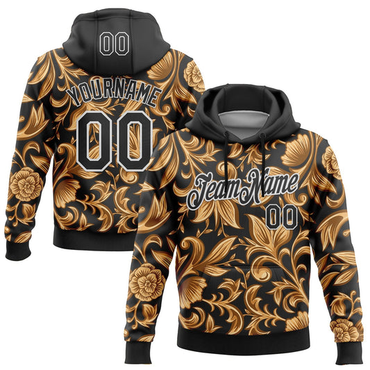 Custom Stitched Black White 3D Pattern Design Golden Subtle Floral Sports Pullover Sweatshirt Hoodie - Main View