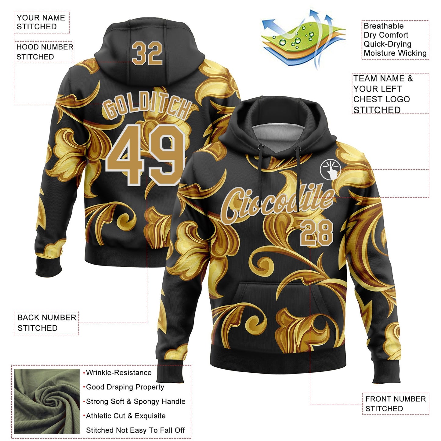 Custom Stitched Black Old Gold-White 3D Pattern Design Golden Subtle Floral Sports Pullover Sweatshirt Hoodie view 2