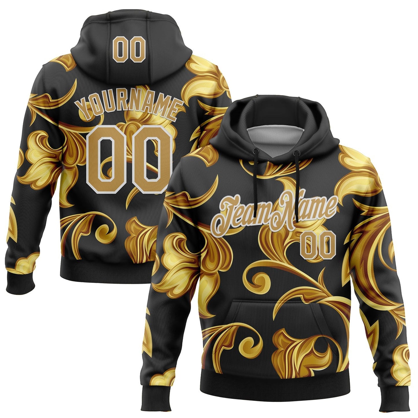 Custom Stitched Black Old Gold-White 3D Pattern Design Golden Subtle Floral Sports Pullover Sweatshirt Hoodie - Main View