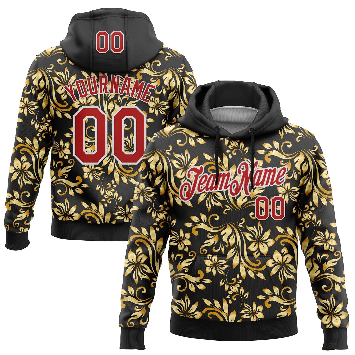Custom Stitched Black Red-White 3D Pattern Design Golden Subtle Floral Sports Pullover Sweatshirt Hoodie - Main View