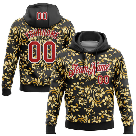 Custom Stitched Black Red-White 3D Pattern Design Golden Subtle Floral Sports Pullover Sweatshirt Hoodie - Main View