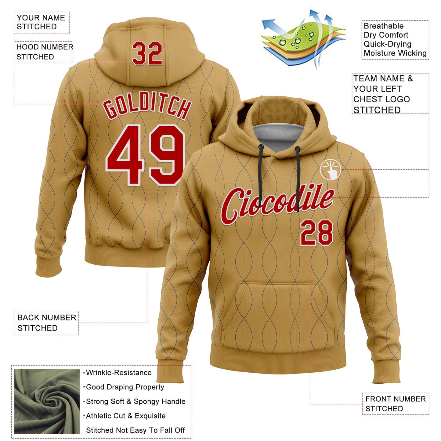 Custom Stitched Old Gold Red Steel Gray-White 3D Pattern Design Curve Line Geometric Shape Sports Pullover Sweatshirt Hoodie view 2