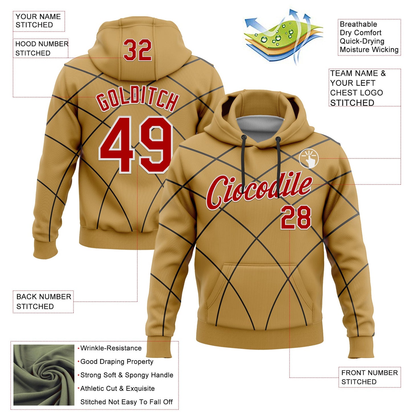 Custom Stitched Old Gold Red Black-White 3D Pattern Design Line Geometric Shape Sports Pullover Sweatshirt Hoodie view 2
