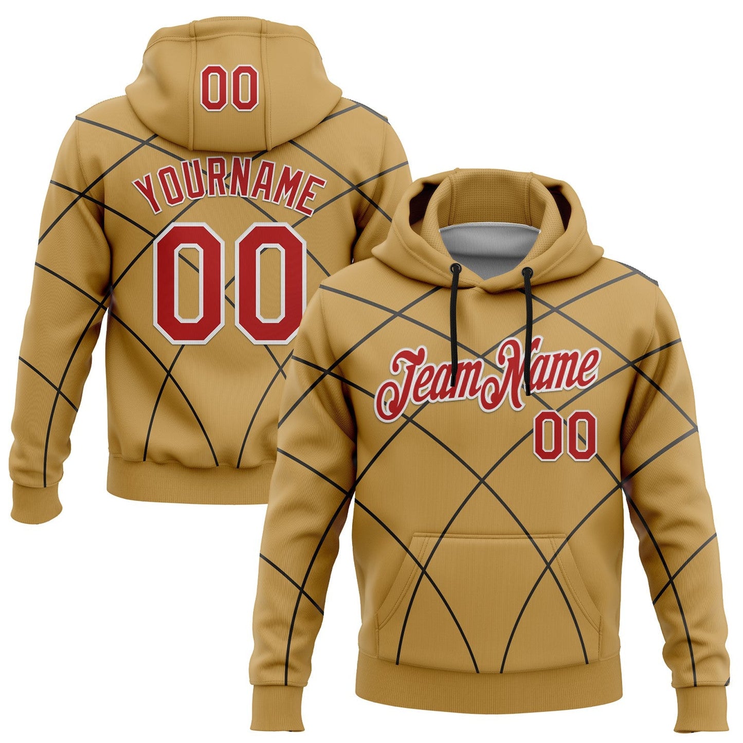 Custom Stitched Old Gold Red Black-White 3D Pattern Design Line Geometric Shape Sports Pullover Sweatshirt Hoodie - Main View