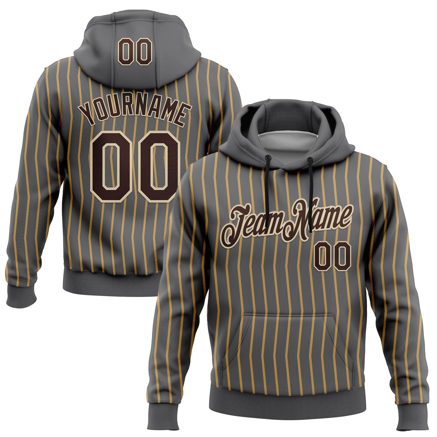 Custom Stitched Steel Gray Old Gold Pinstripe Brown-Cream 3D Pattern Design Line Sports Pullover Sweatshirt Hoodie - Main View