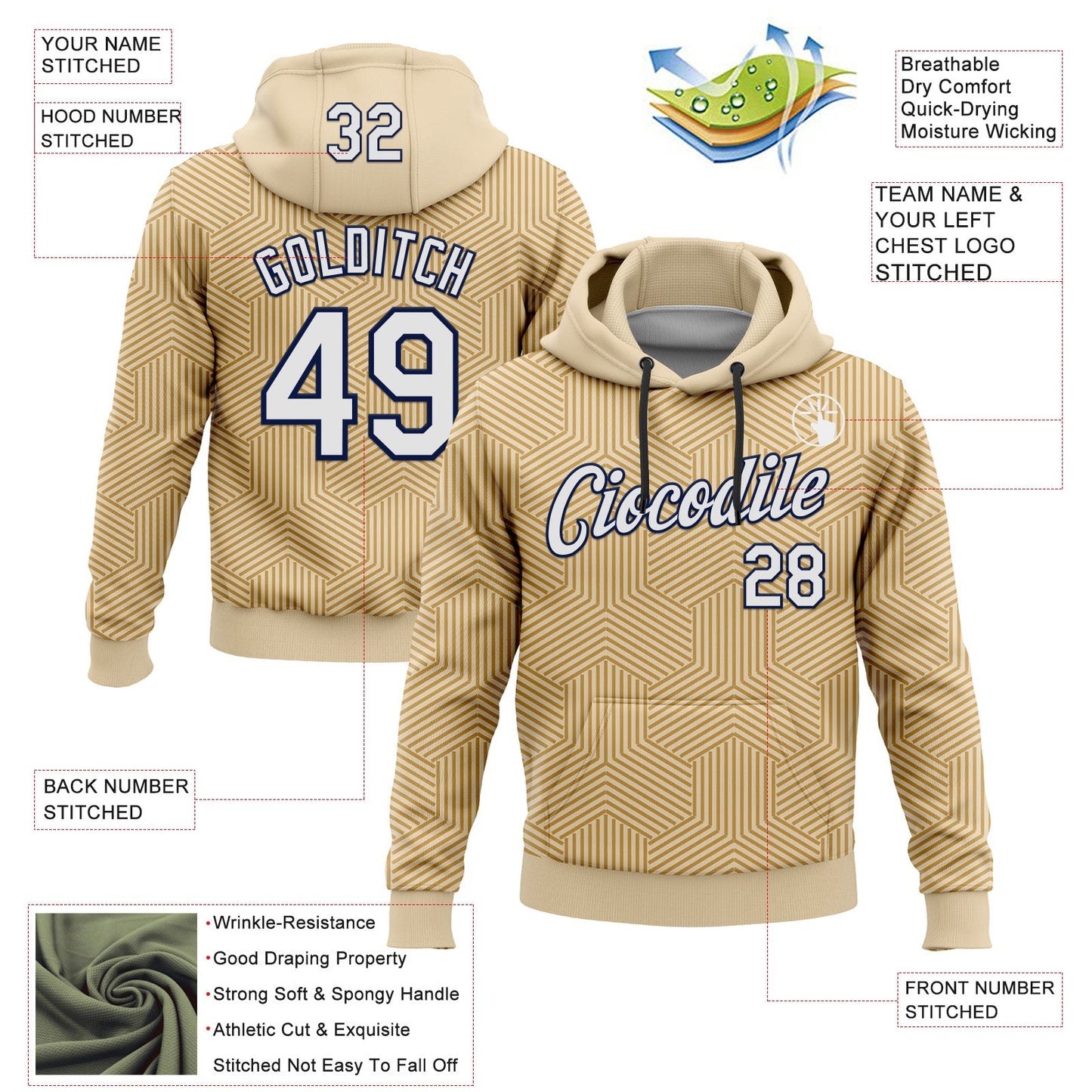 Custom Stitched City Cream White Old Gold-Navy 3D Pattern Design Line Geometric Shape Sports Pullover Sweatshirt Hoodie view 2