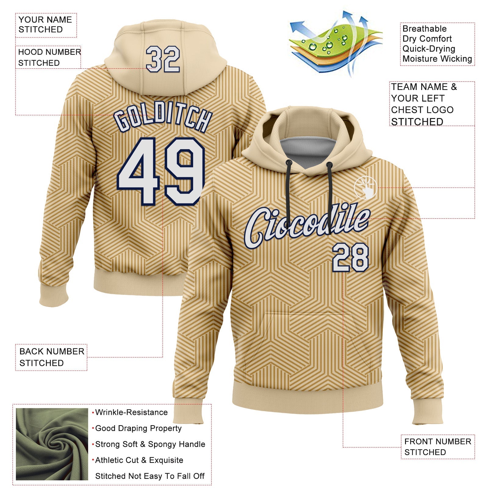 Custom Stitched City Cream White Old Gold-Navy 3D Pattern Design Line Geometric Shape Sports Pullover Sweatshirt Hoodie view 2