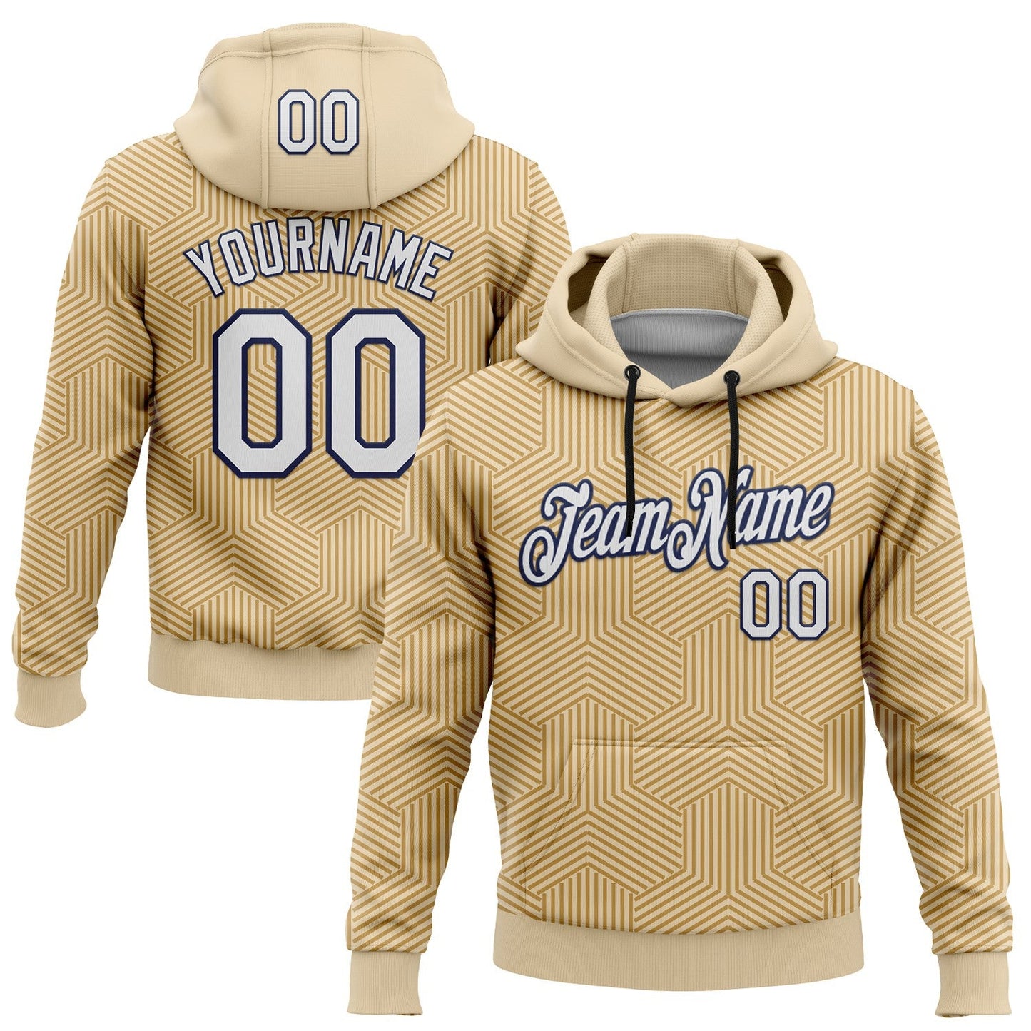 Custom Stitched City Cream White Old Gold-Navy 3D Pattern Design Line Geometric Shape Sports Pullover Sweatshirt Hoodie - Main View