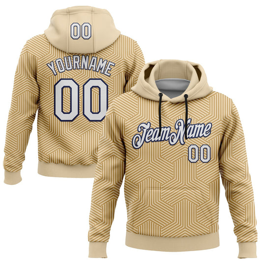 Custom Stitched City Cream White Old Gold-Navy 3D Pattern Design Line Geometric Shape Sports Pullover Sweatshirt Hoodie - Main View