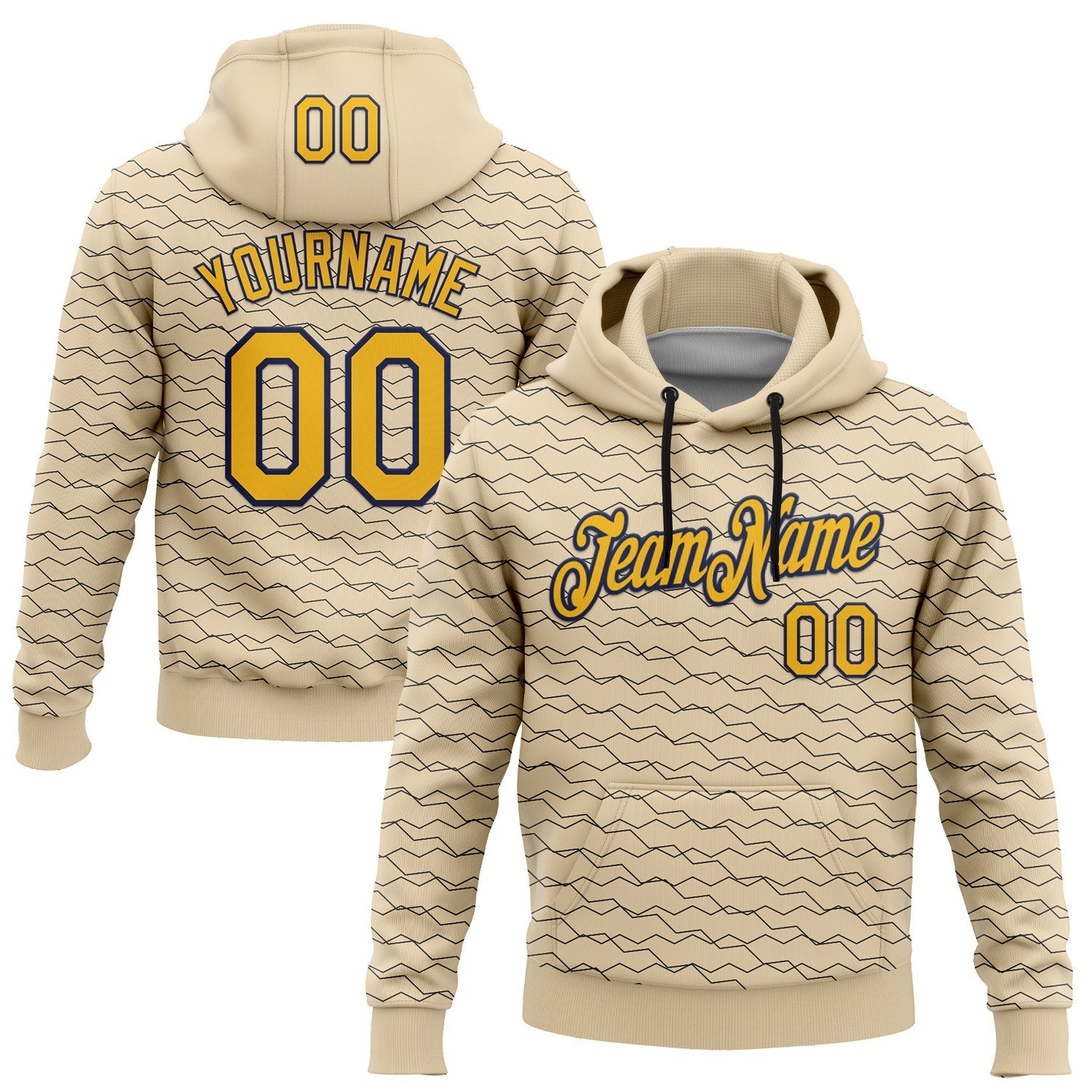 Custom Stitched City Cream Gold-Navy 3D Pattern Design Line Geometric Shape Sports Pullover Sweatshirt Hoodie - Main View