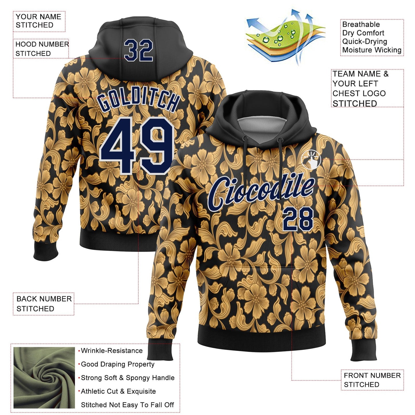 Custom Stitched Black Navy-White 3D Pattern Design Golden Subtle Floral Sports Pullover Sweatshirt Hoodie view 2