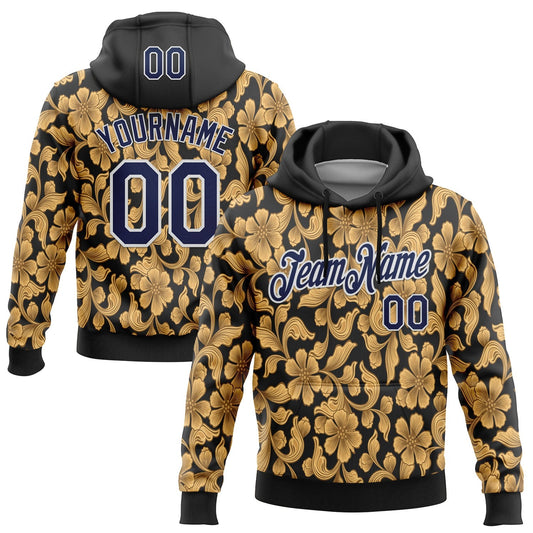 Custom Stitched Black Navy-White 3D Pattern Design Golden Subtle Floral Sports Pullover Sweatshirt Hoodie - Main View