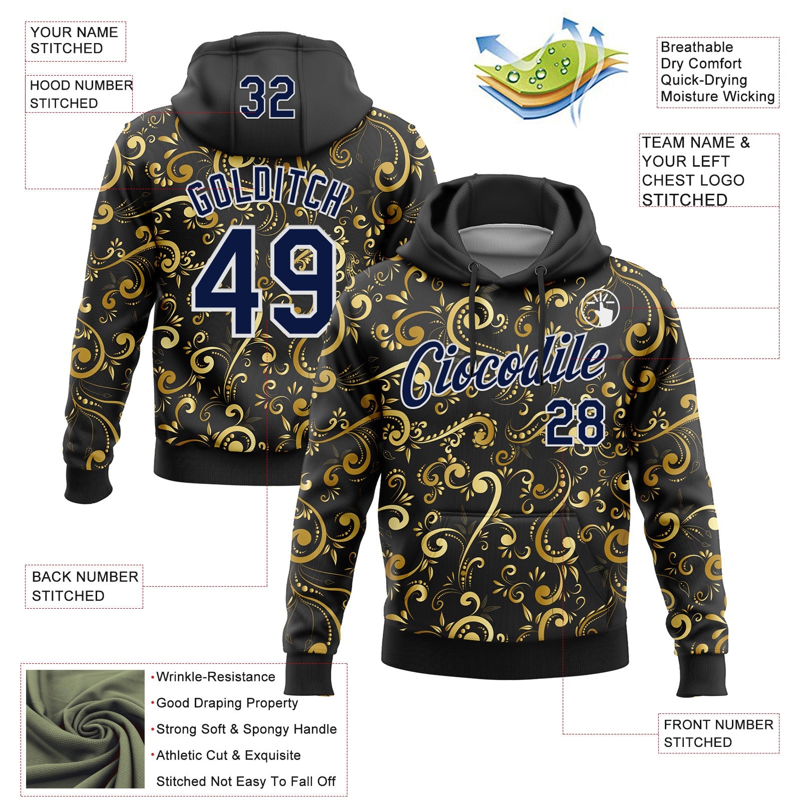 Custom Stitched Black Navy-White 3D Pattern Design Golden Subtle Floral Sports Pullover Sweatshirt Hoodie view 2