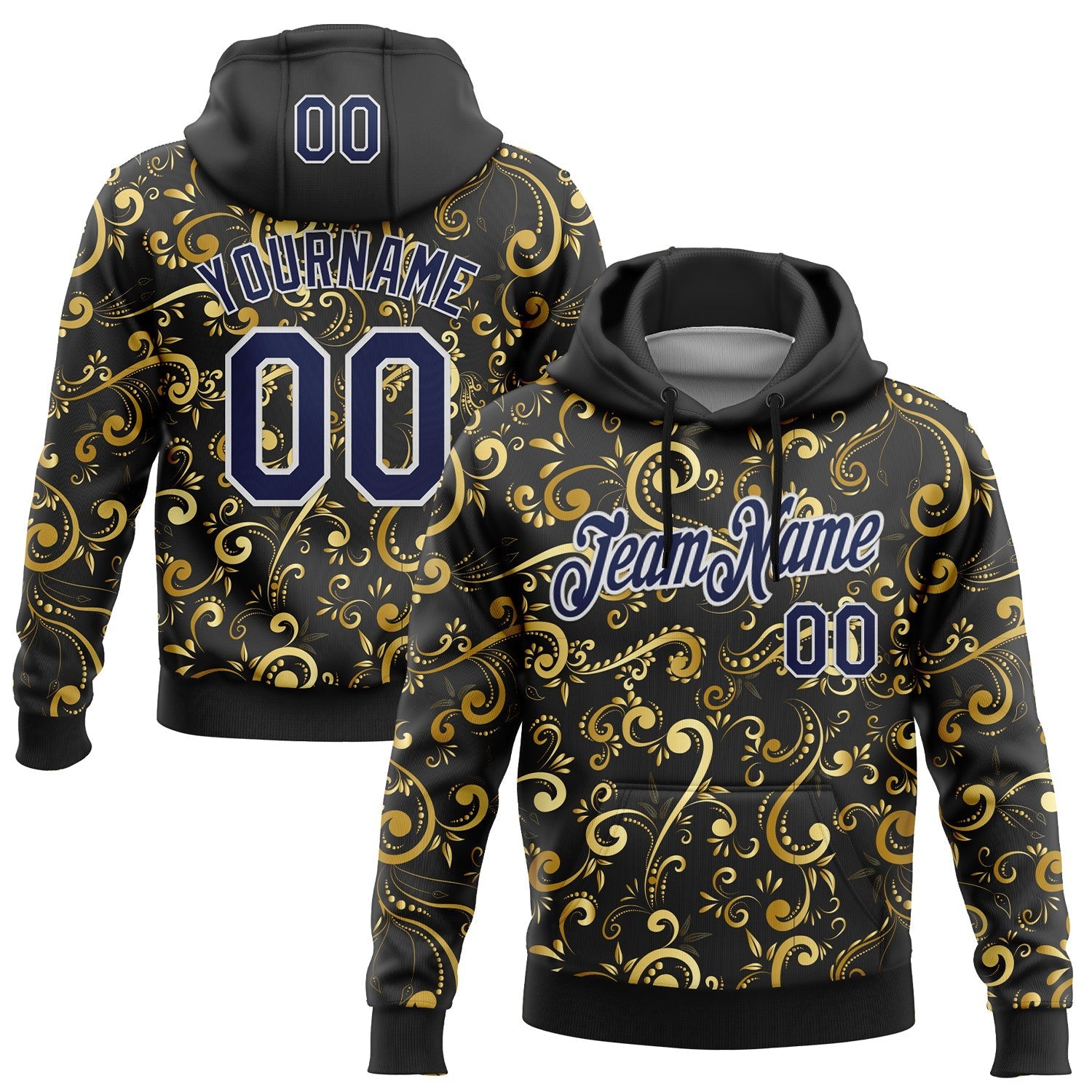 Custom Stitched Black Navy-White 3D Pattern Design Golden Subtle Floral Sports Pullover Sweatshirt Hoodie - Main View