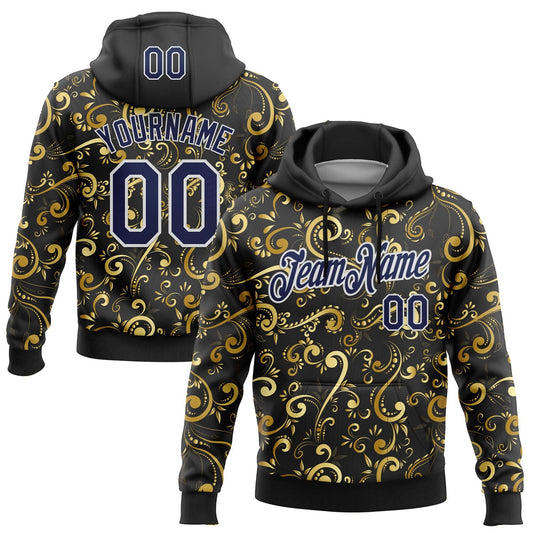 Custom Stitched Black Navy-White 3D Pattern Design Golden Subtle Floral Sports Pullover Sweatshirt Hoodie - Main View