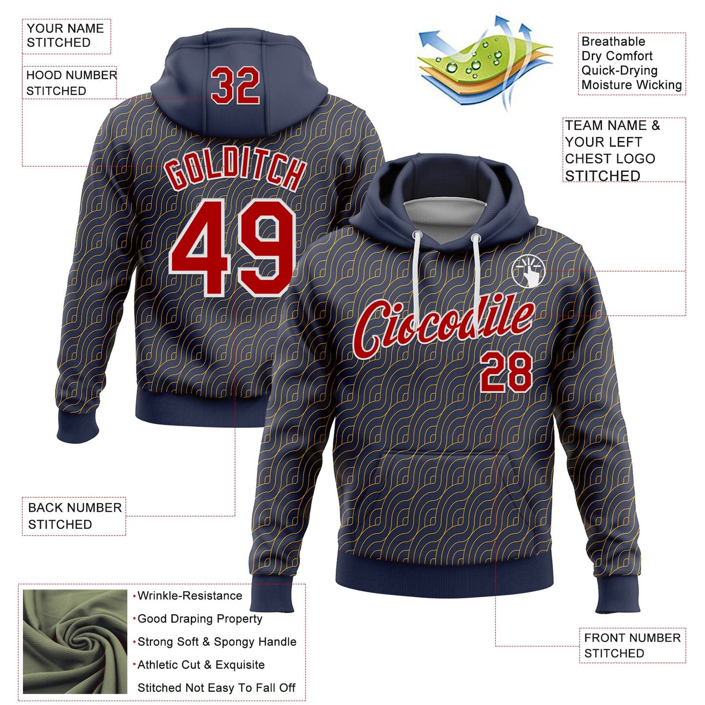 Custom Stitched Navy Red Gold-White 3D Pattern Design Wave Geometric Shape Sports Pullover Sweatshirt Hoodie view 2