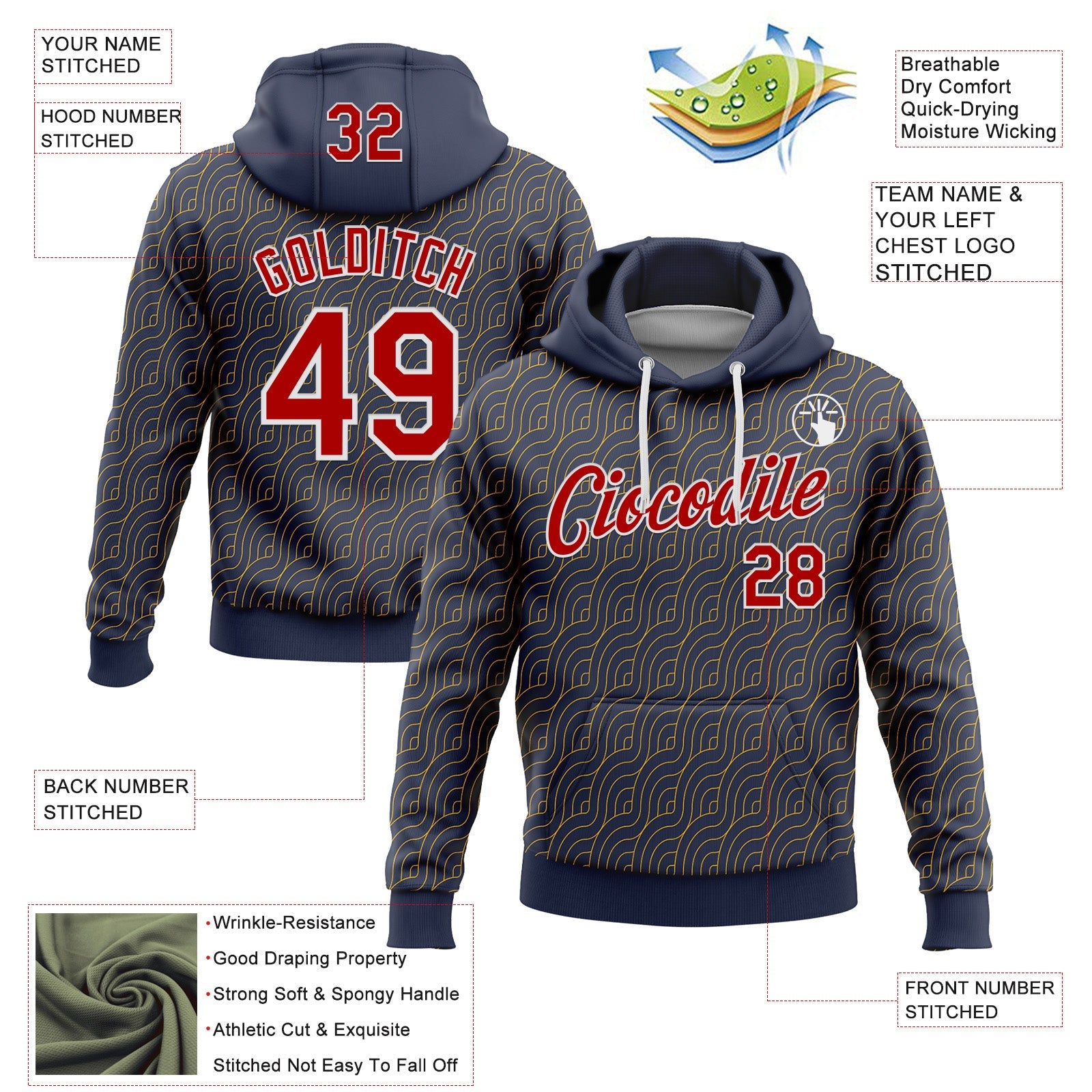 Custom Stitched Navy Red Gold-White 3D Pattern Design Wave Geometric Shape Sports Pullover Sweatshirt Hoodie view 2
