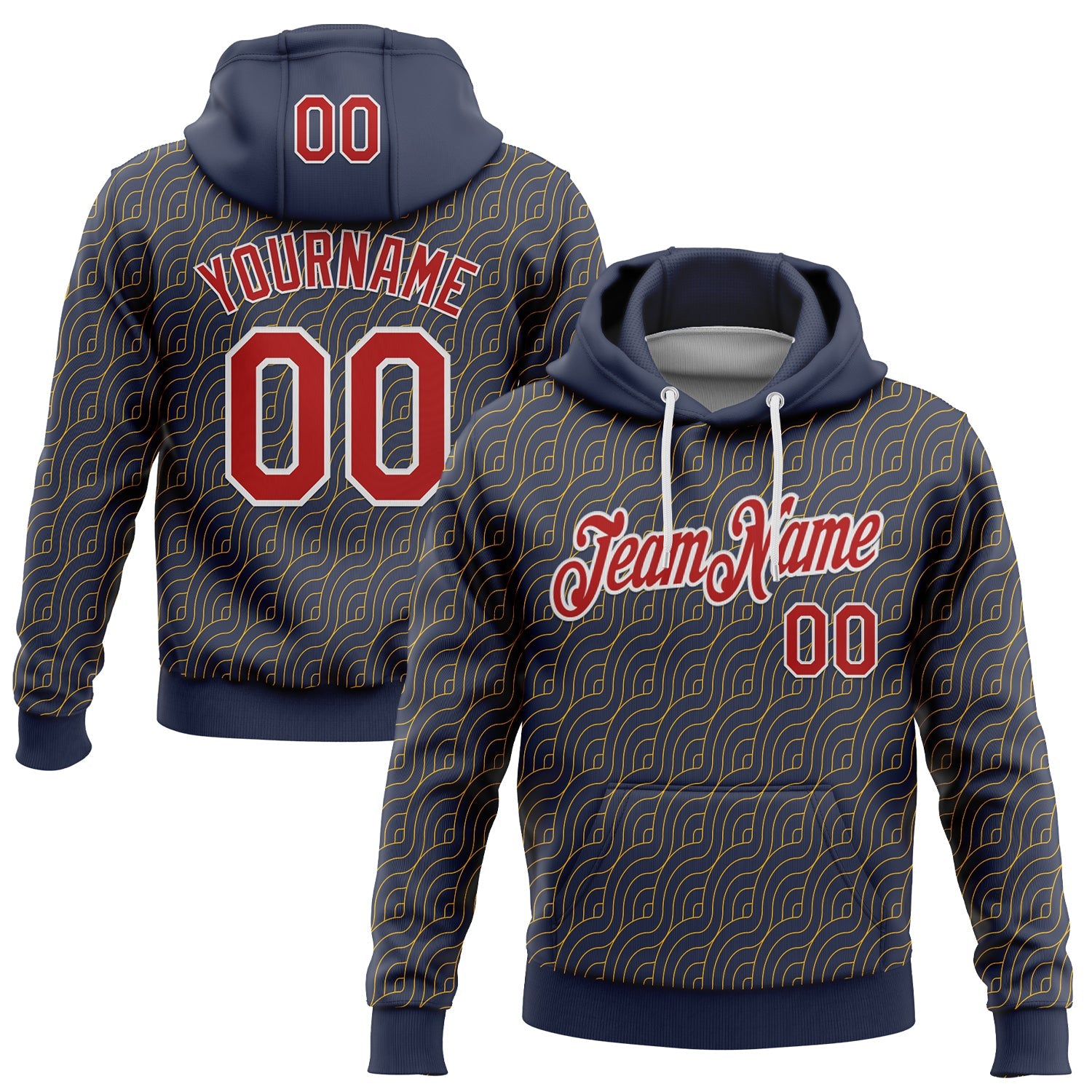 Custom Stitched Navy Red Gold-White 3D Pattern Design Wave Geometric Shape Sports Pullover Sweatshirt Hoodie - Main View