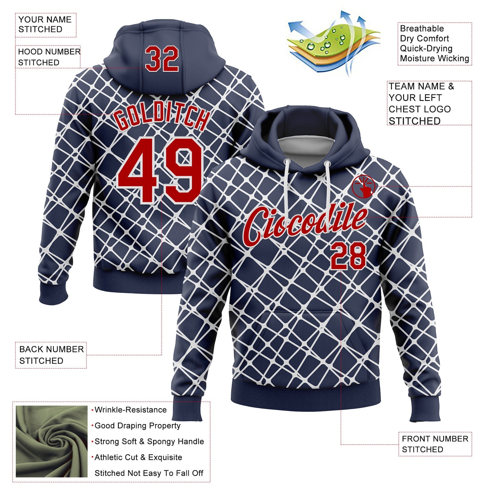 Custom Stitched Navy Red-White 3D Pattern Design Abstract Network Line Sports Pullover Sweatshirt Hoodie view 2
