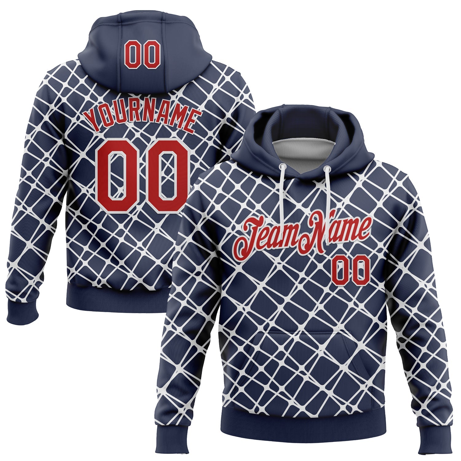 Custom Stitched Navy Red-White 3D Pattern Design Abstract Network Line Sports Pullover Sweatshirt Hoodie - Main View
