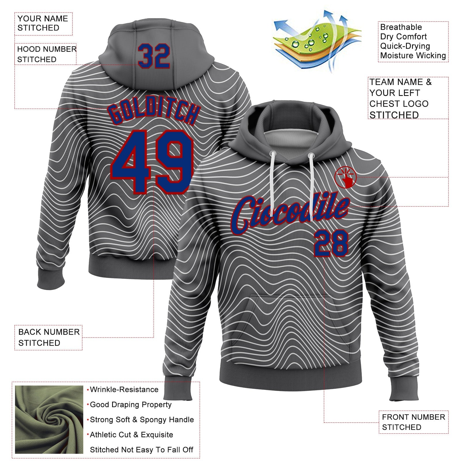 Custom Stitched Navy Royal Red-White 3D Pattern Design Wave Distorted Line Sports Pullover Sweatshirt Hoodie view 2