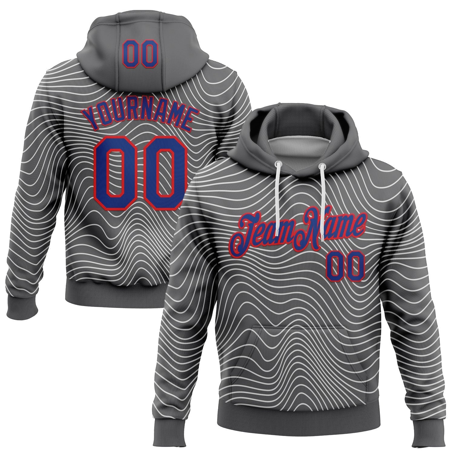Custom Stitched Navy Royal Red-White 3D Pattern Design Wave Distorted Line Sports Pullover Sweatshirt Hoodie - Main View