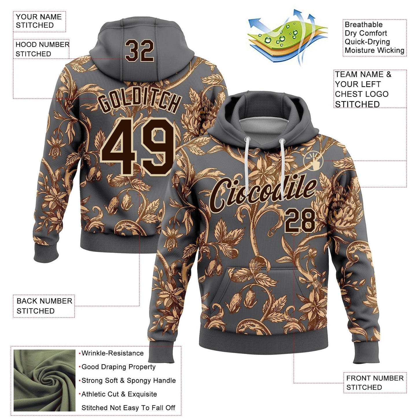 Custom Stitched Steel Gray Brown-Cream 3D Pattern Design Golden Subtle Floral Sports Pullover Sweatshirt Hoodie view 2