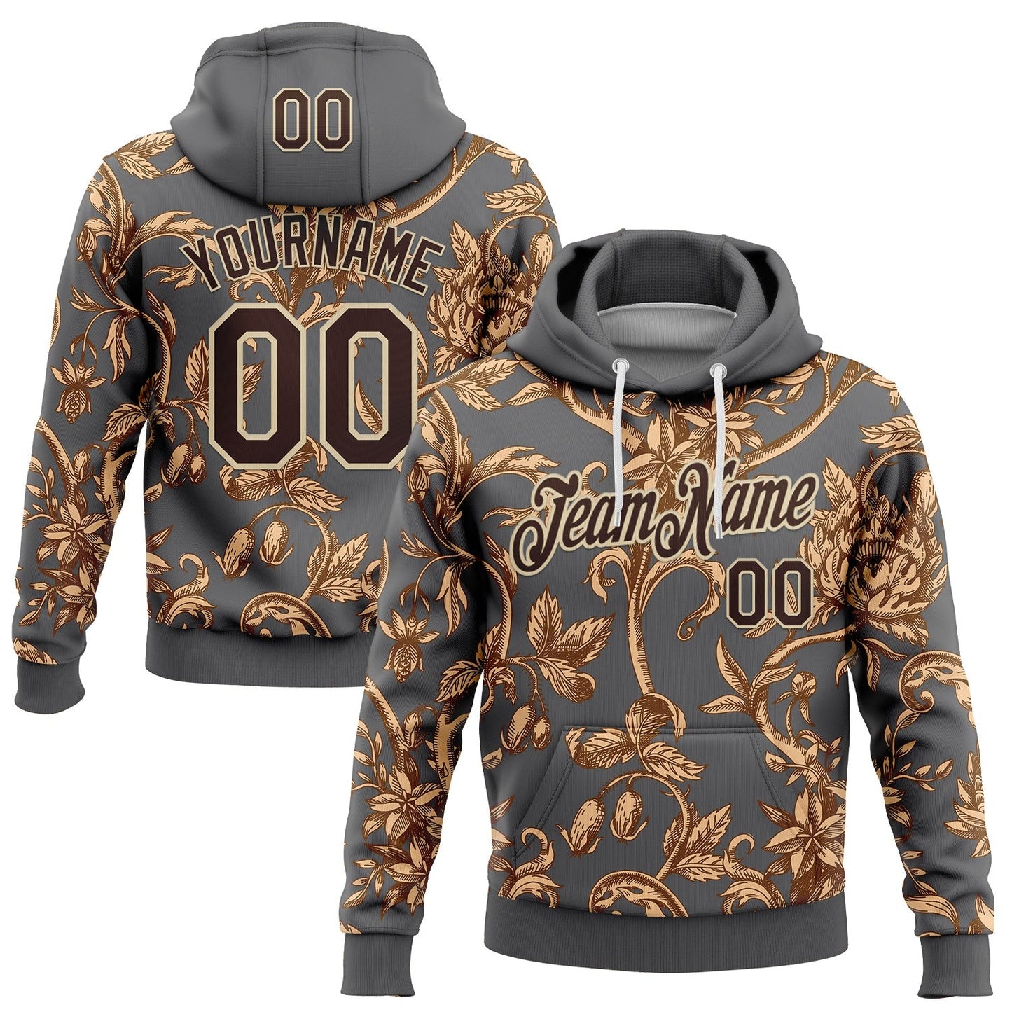 Custom Stitched Steel Gray Brown-Cream 3D Pattern Design Golden Subtle Floral Sports Pullover Sweatshirt Hoodie - Main View