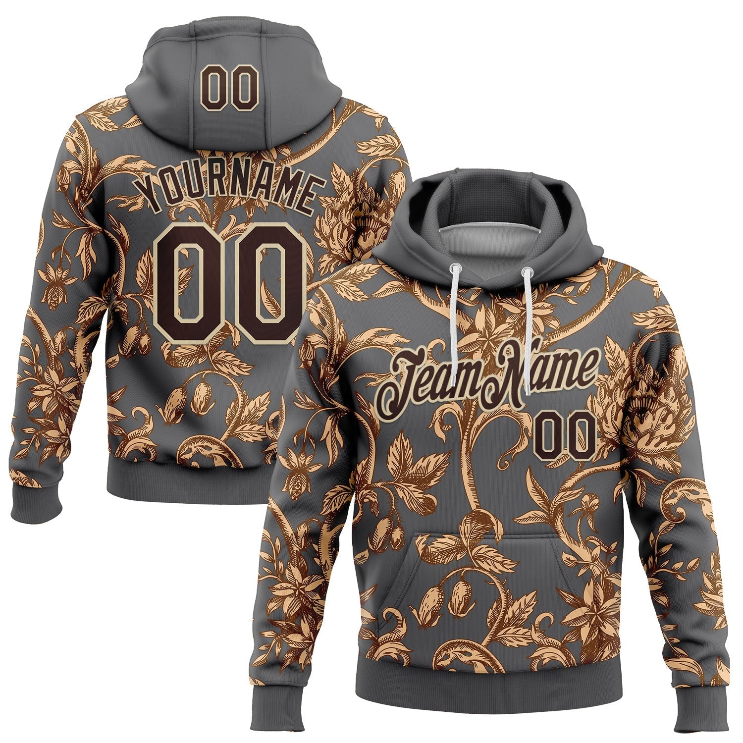 Custom Stitched Steel Gray Brown-Cream 3D Pattern Design Golden Subtle Floral Sports Pullover Sweatshirt Hoodie - Main View