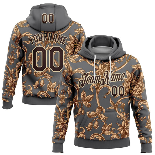 Custom Stitched Steel Gray Brown-Cream 3D Pattern Design Golden Subtle Floral Sports Pullover Sweatshirt Hoodie - Main View