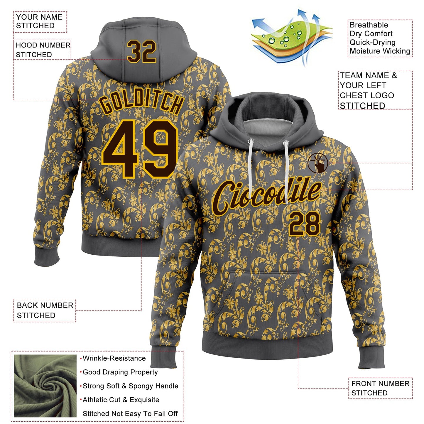 Custom Stitched Steel Gray Brown-Yellow 3D Pattern Design Golden Subtle Floral Sports Pullover Sweatshirt Hoodie view 2