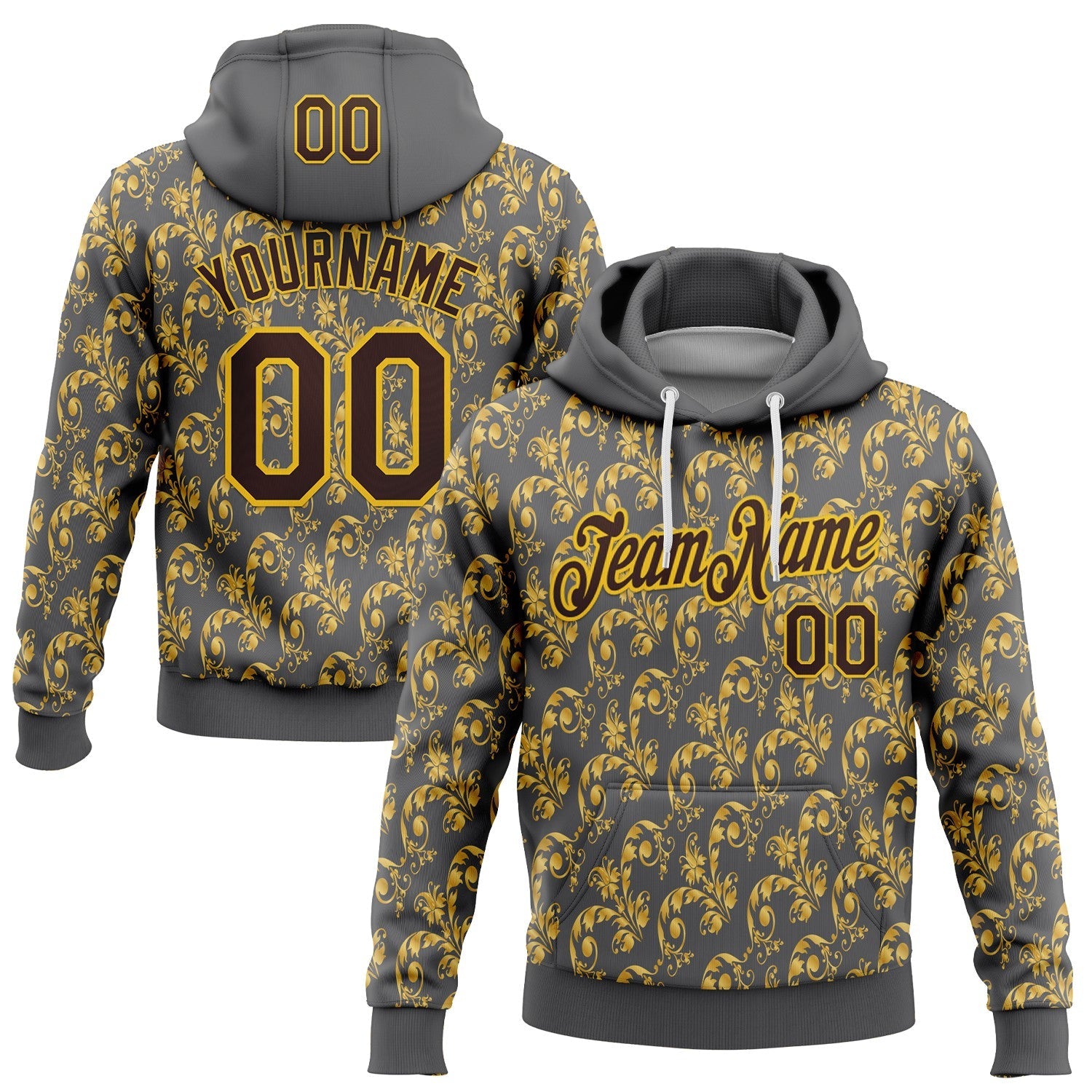 Custom Stitched Steel Gray Brown-Yellow 3D Pattern Design Golden Subtle Floral Sports Pullover Sweatshirt Hoodie - Main View
