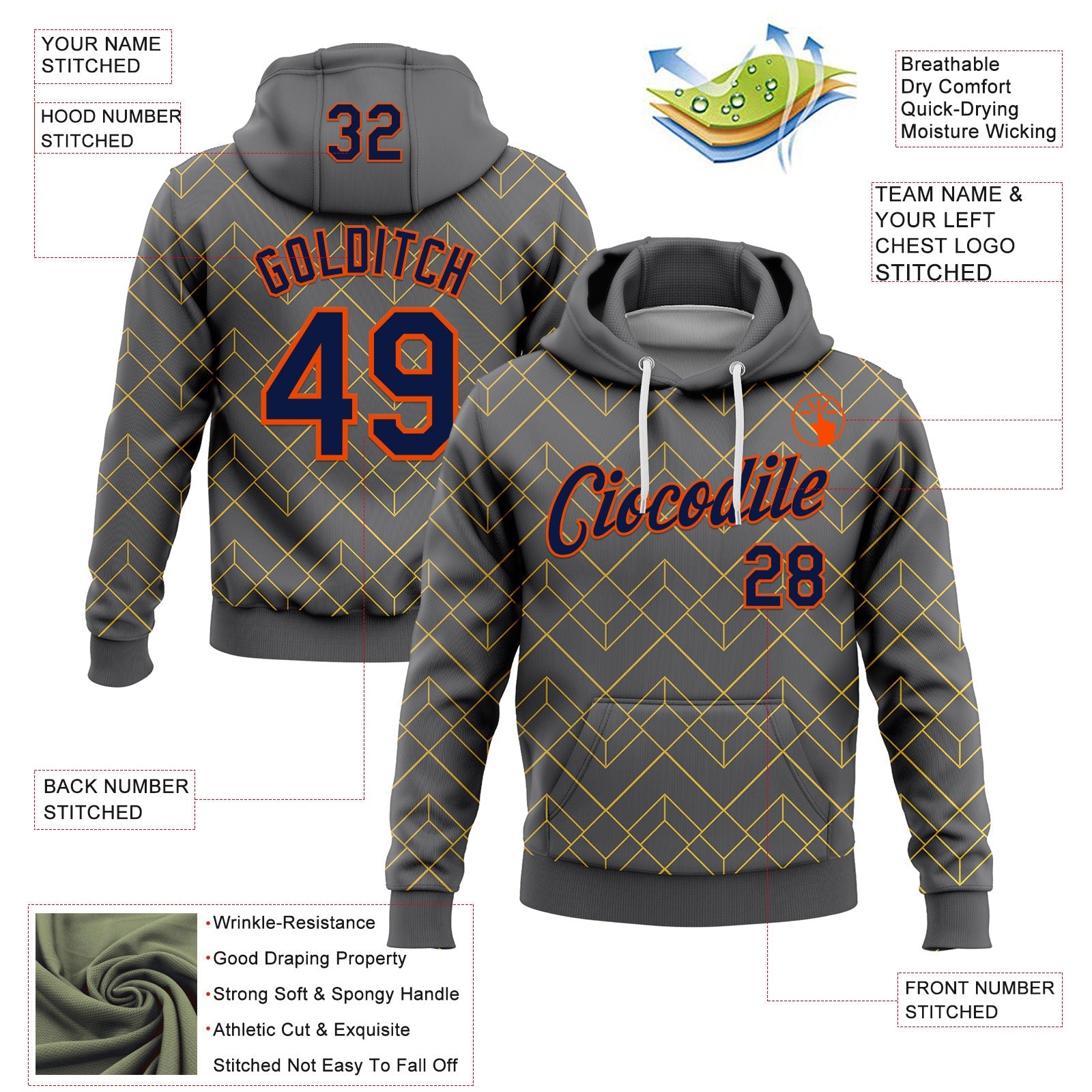 Custom Stitched Steel Gray Navy Gold-Orange 3D Pattern Design Line Geometric Shape Sports Pullover Sweatshirt Hoodie view 2