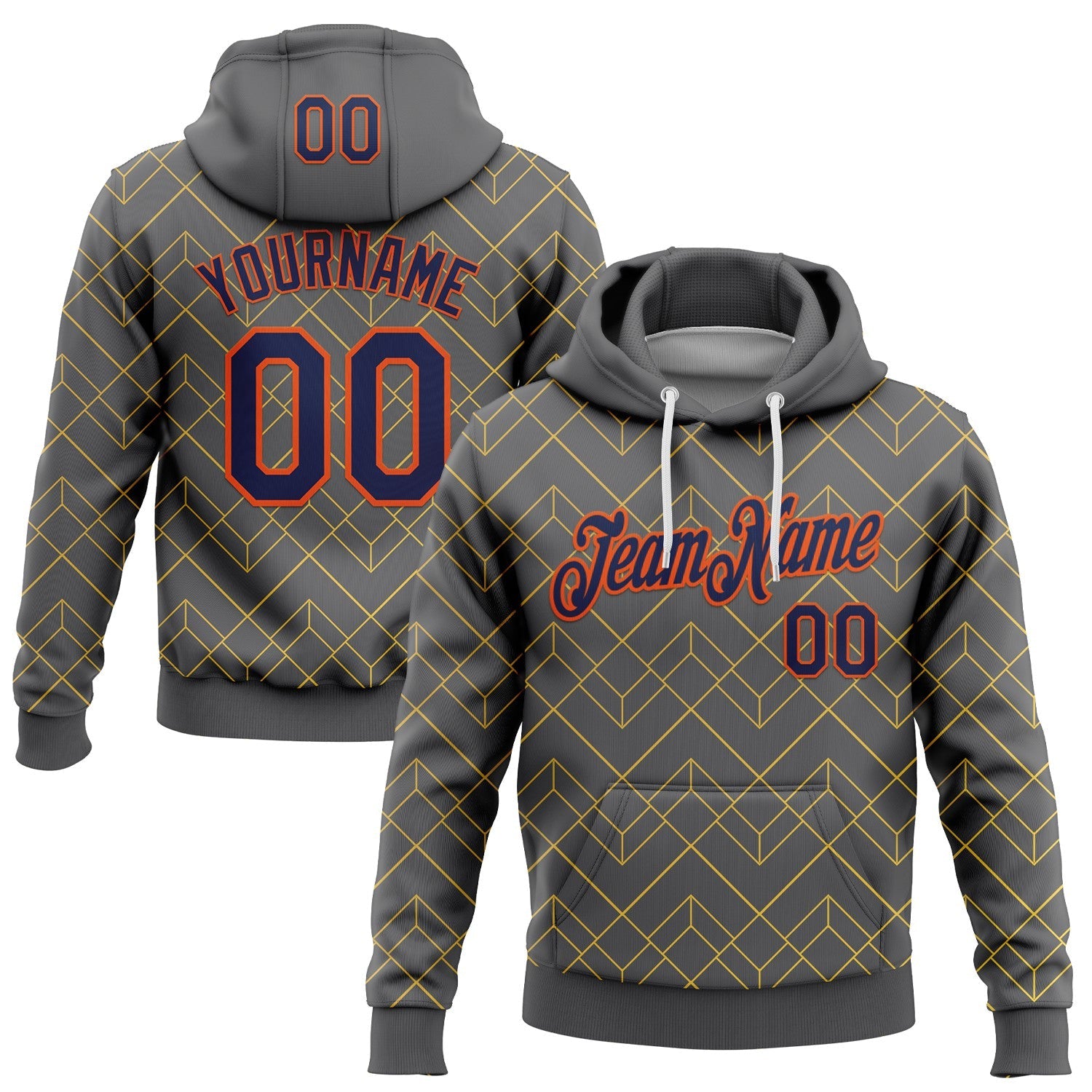 Custom Stitched Steel Gray Navy Gold-Orange 3D Pattern Design Line Geometric Shape Sports Pullover Sweatshirt Hoodie - Main View