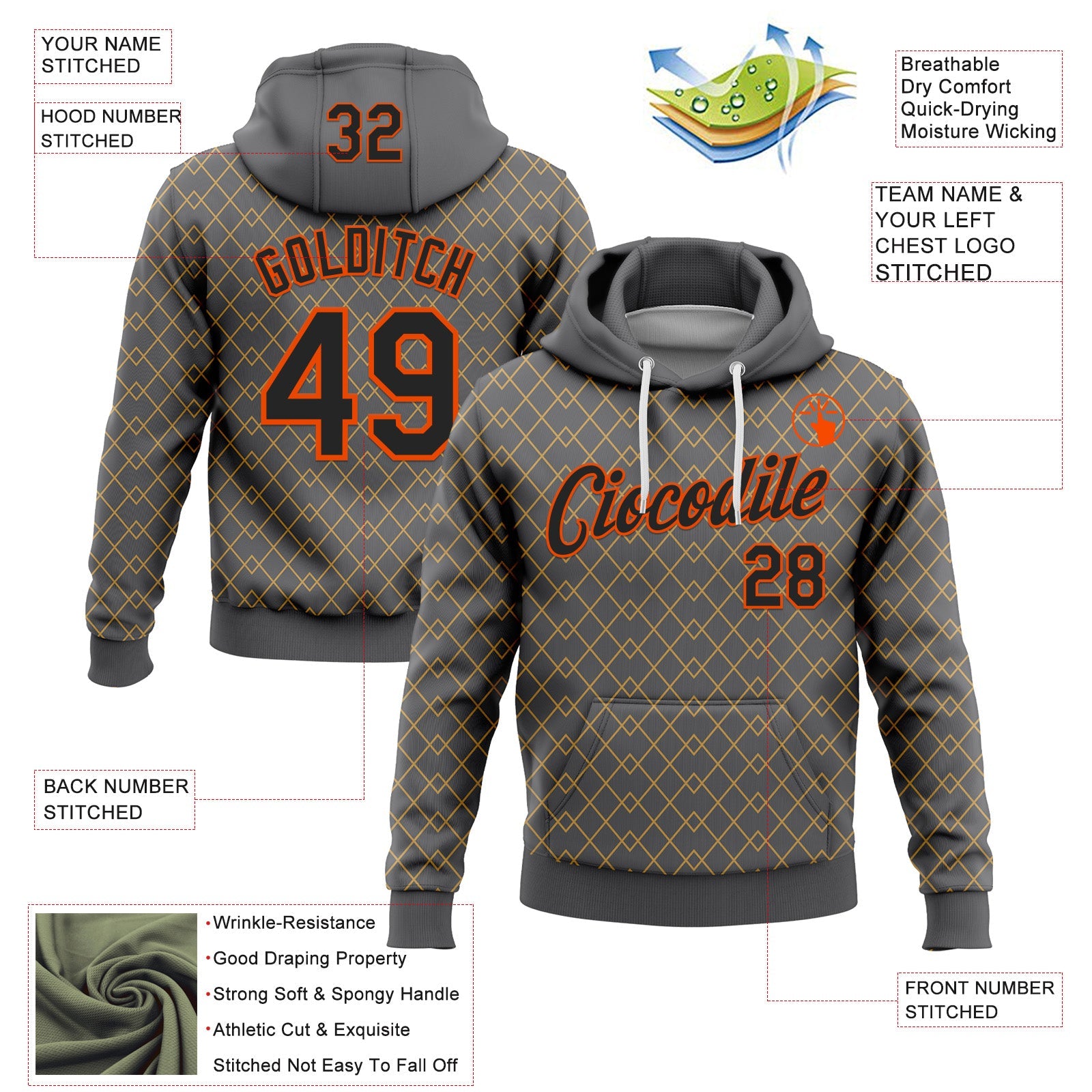 Custom Stitched Steel Gray Black Gold-Orange 3D Pattern Design Line Geometric Shape Sports Pullover Sweatshirt Hoodie view 2