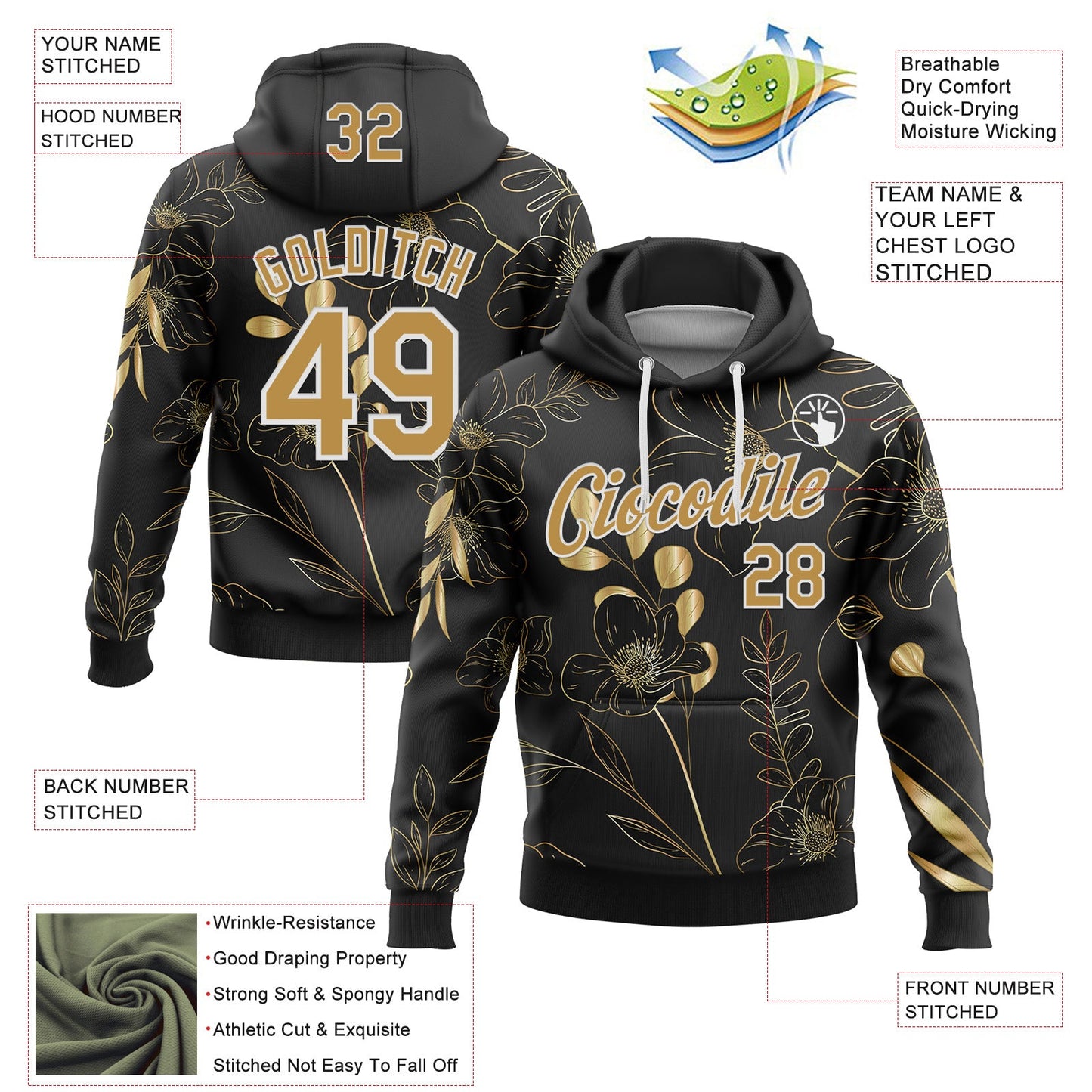 Custom Stitched Black Old Gold-White 3D Pattern Design Golden Subtle Floral Sports Pullover Sweatshirt Hoodie view 2