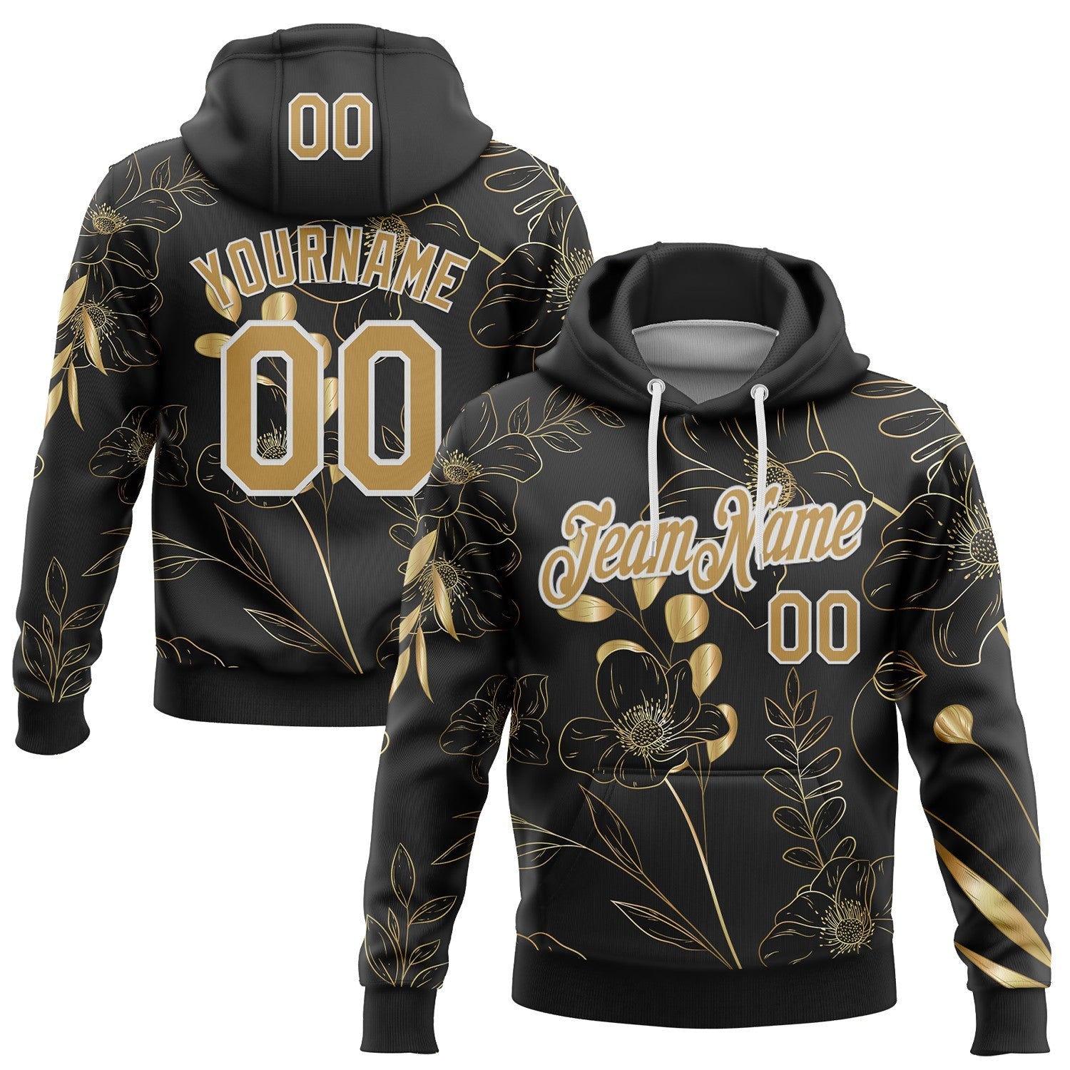 Custom Stitched Black Old Gold-White 3D Pattern Design Golden Subtle Floral Sports Pullover Sweatshirt Hoodie - Main View